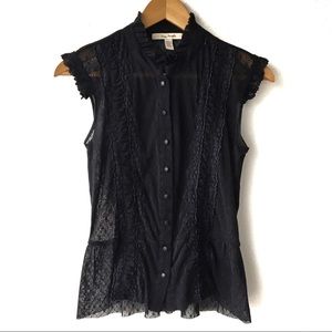 Free People Black Lace Top Button Down Sheer Boho